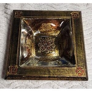 Vintage FLORENTIA Glass Ashtray Insert w/GOLD Gilted Floral Tray ITALY Made EuC